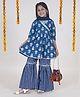 Kiddopanti Cotton Three Fourth Sleeves Ethnic Motifs Printed & Lace Embellished Kurta Sharara With Dupatta & Potli Bag - Navy & Multicolour
