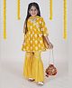 Kiddopanti Cotton Three Fourth Sleeves Ethnic Motifs Printed & Lace Embellished Kurta Sharara With Dupatta & Potli Bag - Yellow & Cream