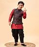 Vastramay Silk Full Sleeves Solid Kurta & Dhoti With Floral Printed Nehru Jacket Set - Black And Maroon