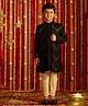Vastramay Full Sleeves Solid Kurta & Pyjama With Thread & Mirror Work Detailed Sherwani Set - Black
