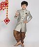 Vastramay Silk Full Sleeves Floral Printed Sherwani & Dhoti Set - Beige & Brown