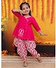 BownBee Pure Cotton Three Fourth Sleeves Lion Embroidered Top & Lions Printed Dhoti Set - Pink