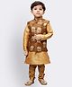 Vastramay Full Sleeves Solid Coordinating Kurta & Pyjama With Rose Motif Designed Nehru Jacket Set - Brown & Gold