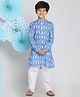 Vastramay Full Sleeves Ikat Printed Kurta With Solid Pyjama Set - Aqua Blue & White
