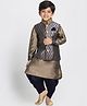 JBN Creation Silk Full Sleeves Solid Kurta & Dhoti With Ethnic Motif Printed Nehru Jacket Set - Navy Blue & Bronze