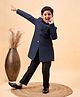 Vastramay Silk Full Sleeves Self Design Shimmered Sherwani & Pant Set - Navy Blue
