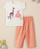 Nauti Nati Cotton Frill Sleeves Animals Designed Top With Leopard Print Trousers Set - Off White & Peach