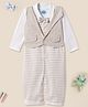 Nauti Nati Soft Cotton Full Sleeves Striped  Romper With Attached Waistcoat & Bow - White