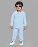 Mi Arcus Full Sleeves Explore Text Embroidered Tee & Solid Pajama Set - Sky Blue