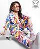 Ollington St. 100% Cotton Knit Full Sleeves Leaves Printed Co-Ord Collared Top & Joggers Set with Zipper - White Red & Pink