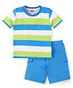 Babyhug Single Jersey Knit Half Sleeves Striped T-Shirt & Shorts Set with Pockets - Light Blue Green & White