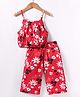 Dew Drops Poplin Woven Sleeveless Top & Lounge Pant Set With Floral Print - Red