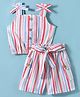 Dew Drops Cotton Woven Sleeveless Striped Top & Shorts Set With Bow Applique - Red & Light Blue