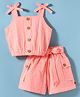 Dew Drops Cotton Woven Sleeveless Top & Shorts Set With Bow Applique - Peach