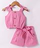 Dew Drops Cotton Woven Sleeveless Top & Shorts Set With Bow Applique - Pink