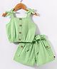 Dew Drops Cotton Woven Sleeveless Top & Shorts Set With Bow Applique - Light Green