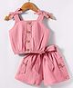 Dew Drops Cotton Woven Sleeveless Solid Colour Top & Shorts Set With Bow Applique - Peach