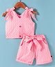 Dew Drops Cotton Kint Sleeveless Geometric Printed Top and Shorts Set With Bow Applique - Pink