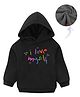 KAVEE Fleece Full Sleeves Typography Printed Hooded Sweatshirt - Black