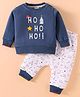 First Smile Fleece Knit Full Sleeves T-Shirt & Lounge Pant Set With Christmas Theme Print - Royal Blue