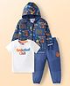 Babyhug Terry Knit Full Sleeves Sport Theme Printed Hooded Jacket with Cut & Sew Pattern Lounge Pant & T-Shirt - Navy Blue & White