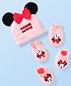 Babyhug Disney Interlock Knit Cap Mittens & Booties Set with Minnie Mouse Graphics & Bow Applique Pink - Diameter 11.5 cm