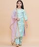 Piccolo Silk Three Fourth Sleeves Floral Foil Printed Kurta & Pant With Lace Embellished Dupatta Set - Blue