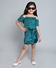 Taffykids Fur Cold Shoulder Sleeves Solid Party Crop Top & Velvet Skirt Set - Green