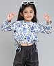 Taffykids Full Sleeves Floral Printed Waist Tie Up Crop Sweatshirt - White & Blue