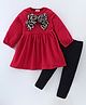 CrayonFlakes Full Sleeves Polar Fleece Dress With Bow & Leggings Set - Red