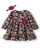 Babyhug Woven Full Sleeves Floral Printed Frock with Headband & Floral Applique - Navy Blue