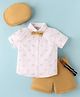 ToffyHouse Cotton Woven Half Sleeves Printed Shirt & Shorts With Bow Suspender & Hat - White & Gold
