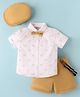 ToffyHouse Cotton Woven Half Sleeves Printed Shirt & Shorts With Bow Suspender & Hat - White & Gold