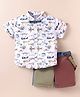 ToffyHouse Cotton Woven Half Sleeves Airplane Printed Shirt & Shorts With Bow & Suspender - White Red & Olive Green