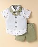 ToffyHouse Cotton Woven Half Sleeves Striped Party Suit with Bow - Olive Green