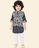 ETHNIKS NEURON Cotton Silk Full Sleeves Leheriya Printed Kurta & Solid Pyjama With Abstract Printed Jacket Set - Navy Blue