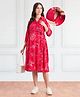 Bella Mama Woven Three Fourth Sleeves Collar Neck Maternity Dress with Floral Print - Dark Pink