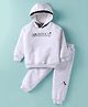 Little Kangaroos Fleece Knit Full Sleeves Winter Wear Hooded Sweatshirt & Lounge Pant Set With Text Print - White