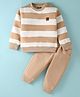 Little Kangaroos Fleece Knit Full Sleeves Striped Winter Wear Sweatshirt & Joggers Set - Tan