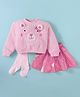 Little Kangaroos Fleece Woven Full Sleeves Winter Top & Skirt Set With Animal Applique & Stockings - Pink