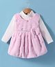 Little Kangaroos Fur Woven Frock & Full Sleeves Inner Tee With Sequin Embroidery & Bow Applique - Baby Pink