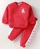 Little Kangaroos Fleece Knit Winter Wear Full Sleeves Bear Printed  T-Shirt with Kangroo Pockets & Joggers Set - Red