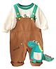Litttle Surprise Box Cotton Dinosaur Printed & Applique Detailed Dungaree With Full Sleeves Inner Tee - Brown