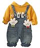 Little Surprise Box Cotton Hands & Eyes Applique Detailed Dungaree With Full Sleeves Hooded Tee - Yellow