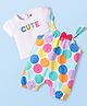 Babyhug Single Jersey Knit Half Sleeves T-Shirt with Dungaree Style Romper Cute & Polka Dots Printed - White Pink & Blue