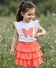 Babyhug Single Jersey Knit Frill Sleeves Top with Skirt & Butterfly Patch - White & Neon Orange