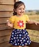 Babyhug Single Jersey Knit Puffed Sleeves Top & Skirt with Floral Print Sequin Detailing - Yellow & Navy Blue