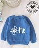 Woonie Full Sleeves Hand Knitted One Text Embroidered Pullover - Blue