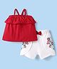Babyhug Single Jersey Knit Singlet Off Shoulder Sleeves Solid Top & Shorts Set With Floral Embroidery & Bow Applique - Red & White