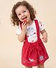 ToffyHouse Cotton Knit Half Drop Shoulder Sleeves Floral Printed Top & Skirt Set with Floral Embroidery & Bow Applique - Red & White